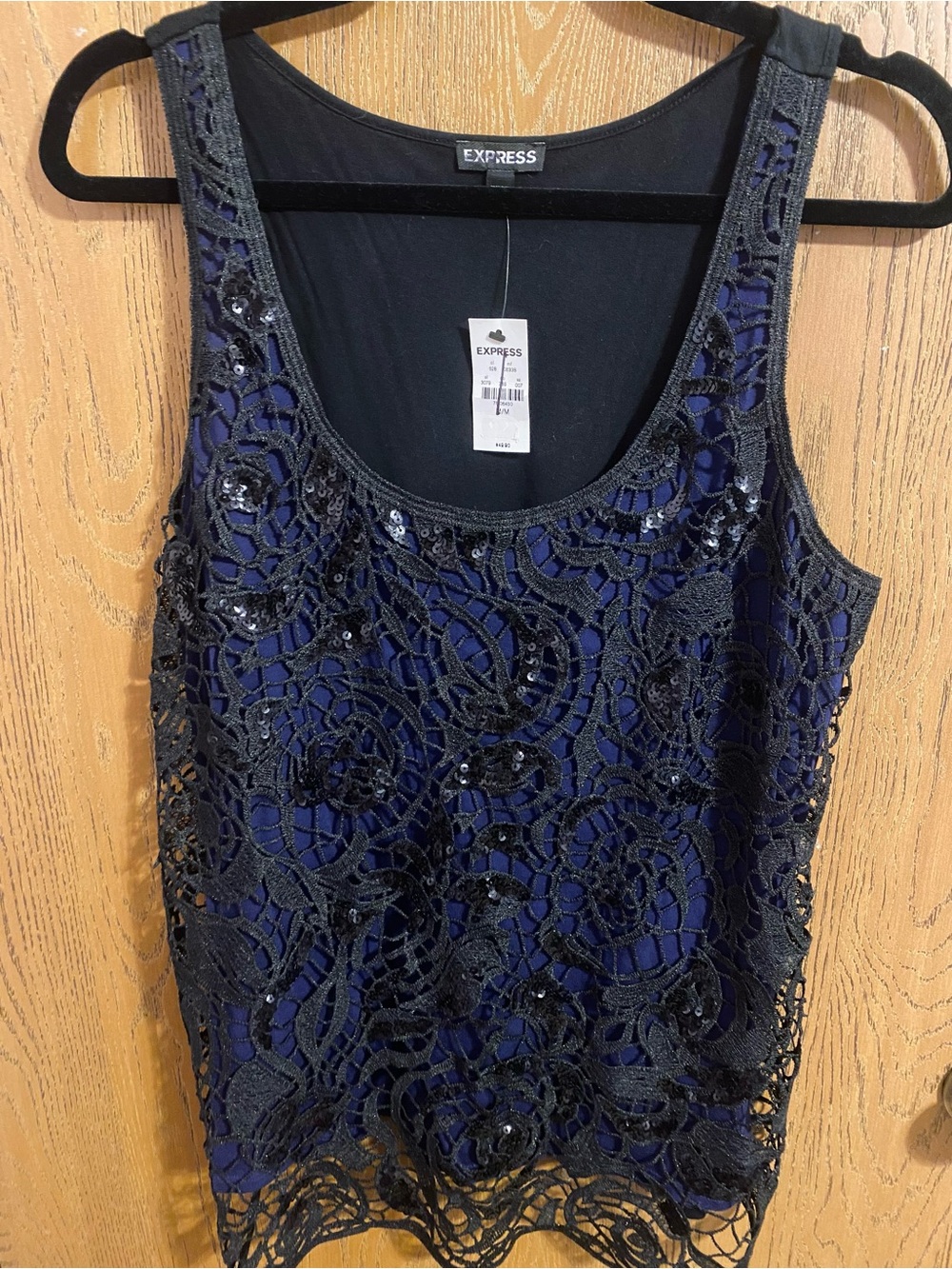 NWT Express Navy Blue Tank with Black Lace & Sequin Overlay